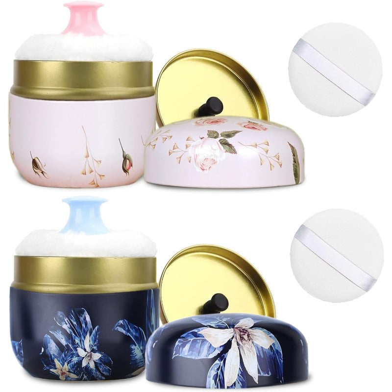 Portable Body Powder Puff & Container with Capacity Tinplate Case - Removable Lid & Handle, Holds 2 (Powder Included), Lightweight Travel-Friendly Dusting Powder for Baby, Women, -the- Skincare - Suitable for Bath, Gym,