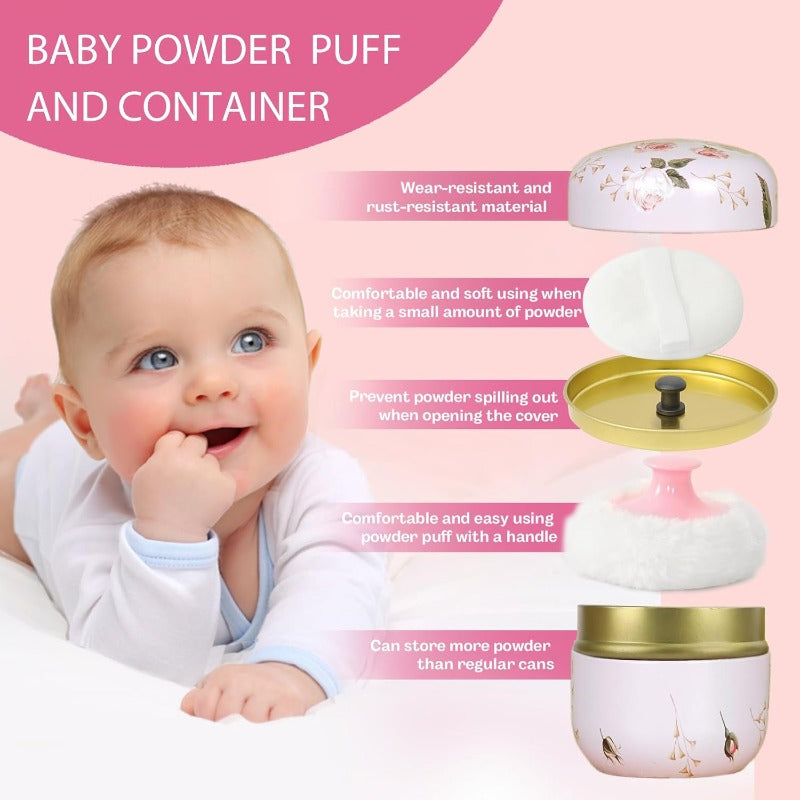 Portable Body Powder Puff & Container with Capacity Tinplate Case - Removable Lid & Handle, Holds 2 (Powder Included), Lightweight Travel-Friendly Dusting Powder for Baby, Women, -the- Skincare - Suitable for Bath, Gym,